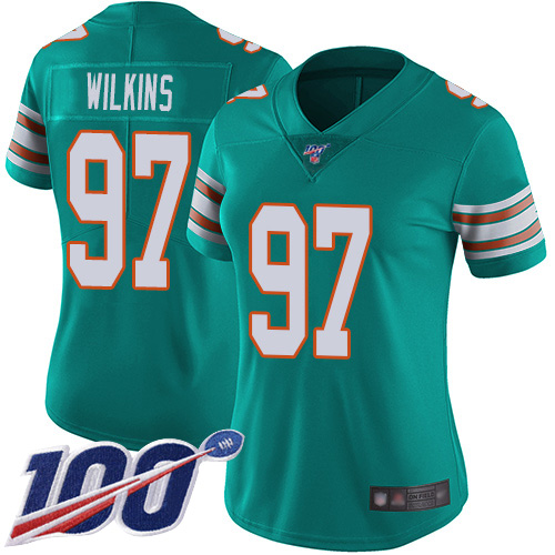 Nike Miami Dolphins #97 Christian Wilkins Aqua Green Alternate Women Stitched NFL 100th Season Vapor Limited Jersey
